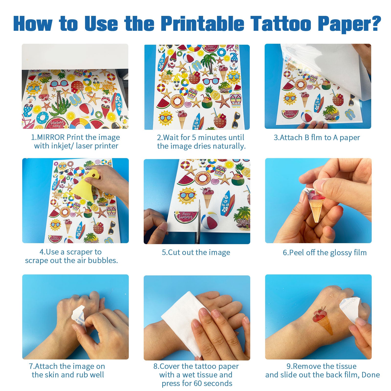 Temporary Tattoo Paper for Inkjet & Laser Printer A4